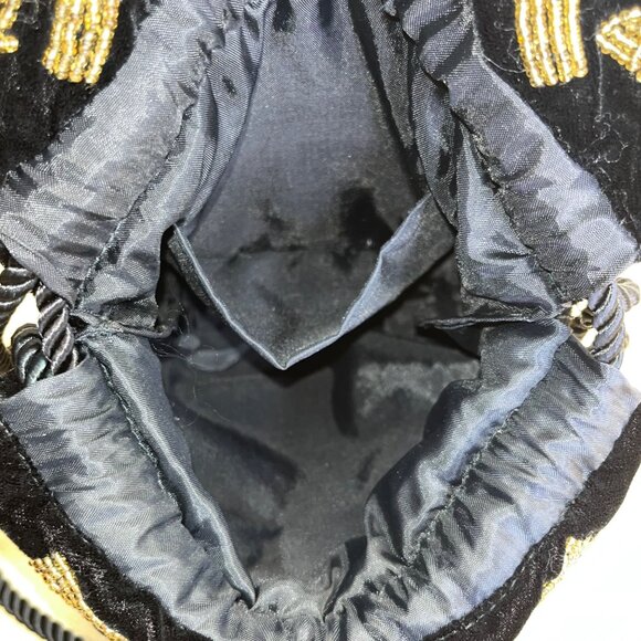 Black Velvet Drawstring Pouch Bag With Gold Beaded Design & Braided Shoulder Str - Picture 8 of 9